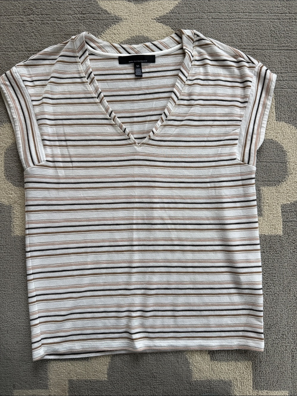 White House Black Market light pink, black, gold Striped V-Neck Tee